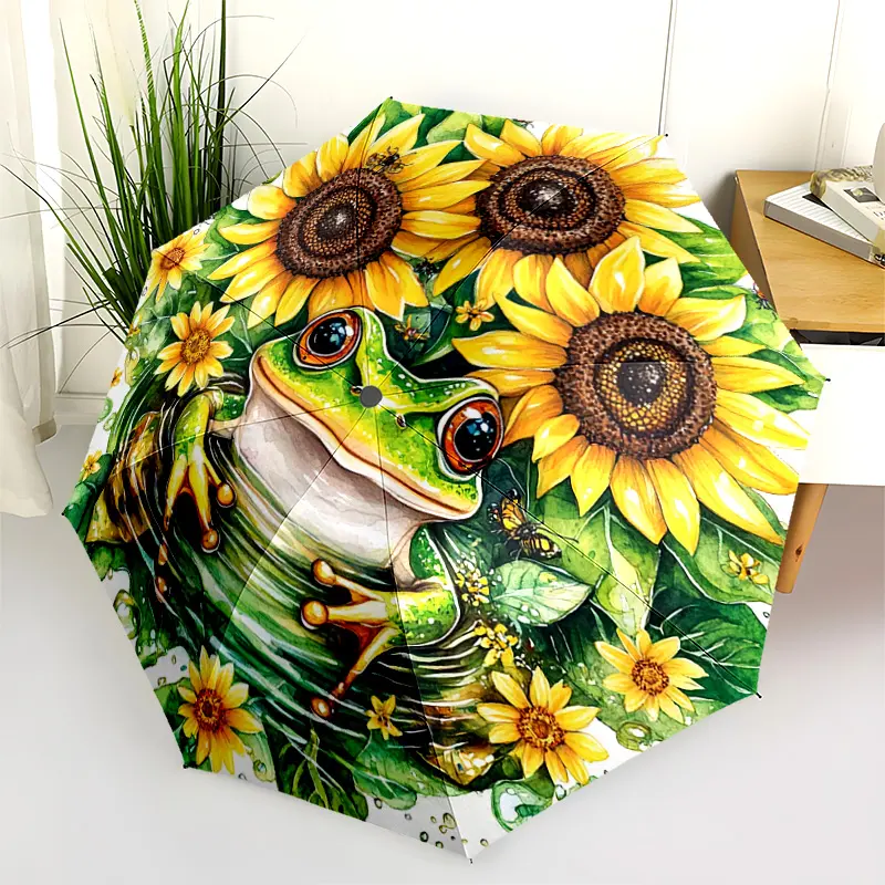 1 PC Automatic Folding Umbrella - Sunflower Frog Garden Art Pattern, Portable & Foldable Design with 8 Ribs, Merry Christmas Pattern,Casual Outdoor Accessory Halloween and Christmas Birthday Gifts. H0076