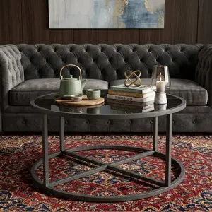 Glass Coffee Table, 27" Round Gold Coffee Table For Small Space, Modern Clear Glass Top Center Table With Sturdy Metal Frame For Living Room Home Office, Easy Assembl