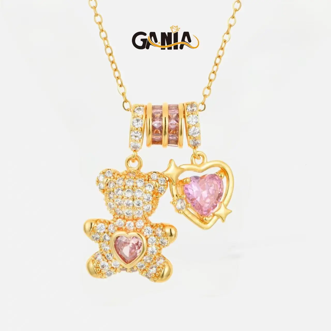 GANIA 18K gold-plated shiny little bear pink heart necklace. A must-have for Y2K trendy girls. Low allergen, excellent for pairing. Cute and fashionable ladies' accessory.