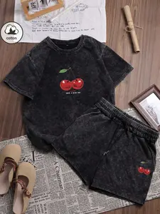 Summer Women's Fun Print Hip-Hop Cherry Letter Casual Streetwear, Korean Comfort Vintage Fashion Commuter, Outdoor Leisure Shorts Set