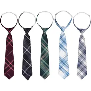 5pcs Boy's Necktie Pre-tied Adjustable Neck Strap Tie Plaid Zipper Tie for Wedding Graduation School Cosplay Uniforms