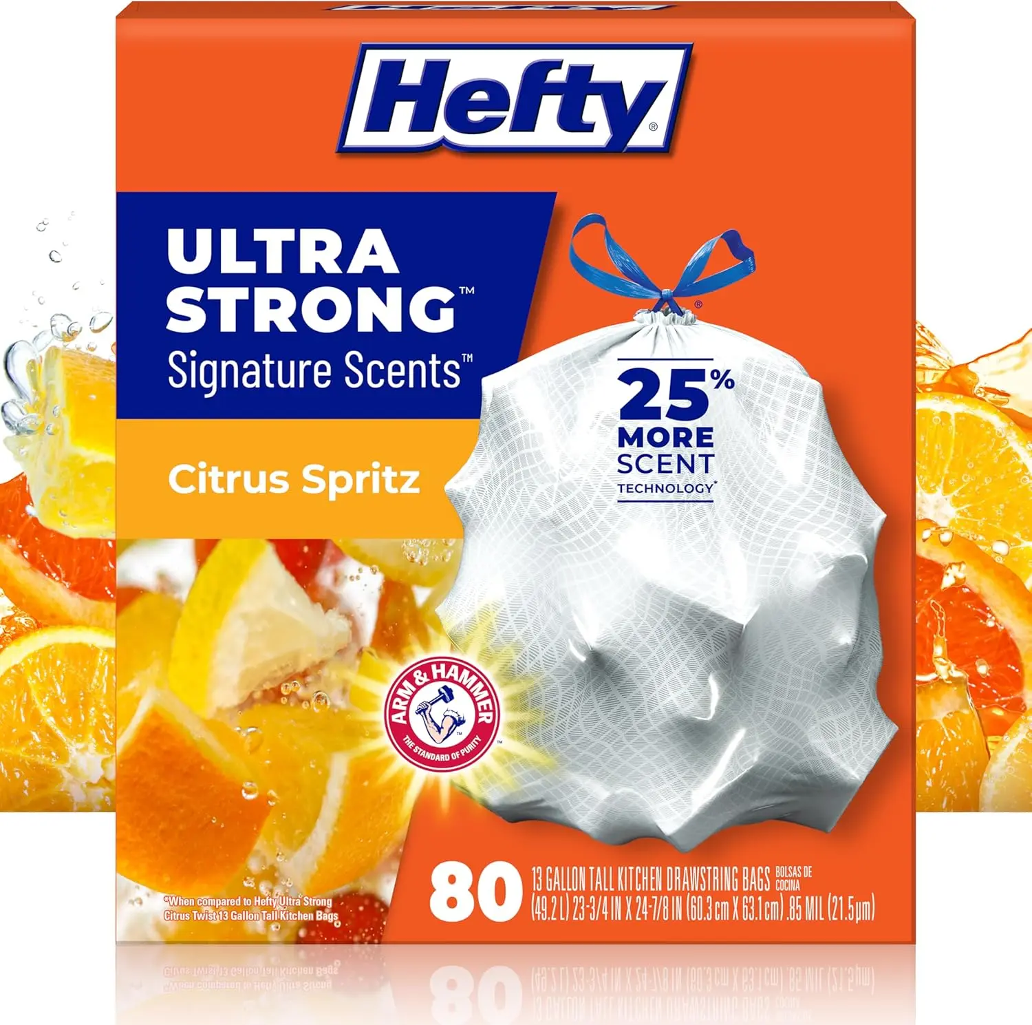 80 Count Hefty Ultra Strong 13-Gallon Trash Bags, Tall Kitchen, White, Citrus Spritz Scent, Extra Scent Technology