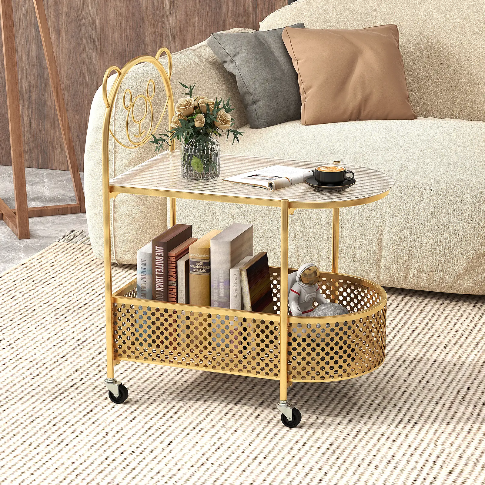 COSTWAY - 2-Tier Mobile Glass Coffee Table with Bear Pattern-Golden