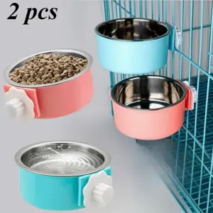 2-Pack Stainless Steel Hanging Pet Feeding Bowls for Cages, Detachable, Easy to Install/Clean, Non-Slip High-Quality, Ideal for Camping Gear & Small Pets (Puppies, Cats), Detachable Bowls