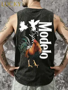 Men's retro washed rooster print sleeveless T-shirt, colorful rooster silhouette vest with classic "Modelo" logo pattern, outstanding choice for eclectic and fashionable people, fashion cultural symbol dressing