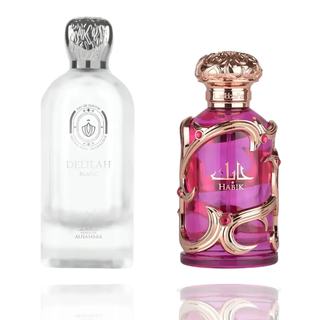 Lattafa Women's Full-Size 2-Piece EDP Spray Duo Set (150ml Total) - Delilah Blanc & Habik Pink Multi-Scent Fragrance, Elegant Scent Blend, Lychee Musks, Powdered Florals, Rhubarb Rose, Regal Touch, Layer-Wise Capability, Modern Versatile Fragrance