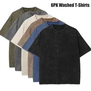 6 Pack Oversized Tshirts for Men Gym Vintage Heavyweight T Shirts Cotton Workout Acid Wash BaggyTees