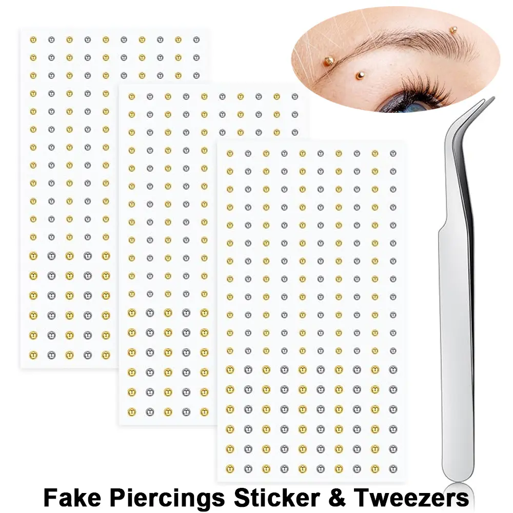Classic Golden, Silvery Face Gems Fake Piercings Sticker & Tweezers Set Self-Adhesive No Piercing Needed Fake Piercings, Fake Lip Ring Fake Nose Ring Fake Eyebrow Piercing Fake Lip Piercing Cool Punk Y2K  Makeup Jewelry