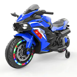 12V Kids Ride on Motorcycle Electric Battery Powered for 3-6 Years Old Blue Unisex Design with Training Wheels & Engine Sounds