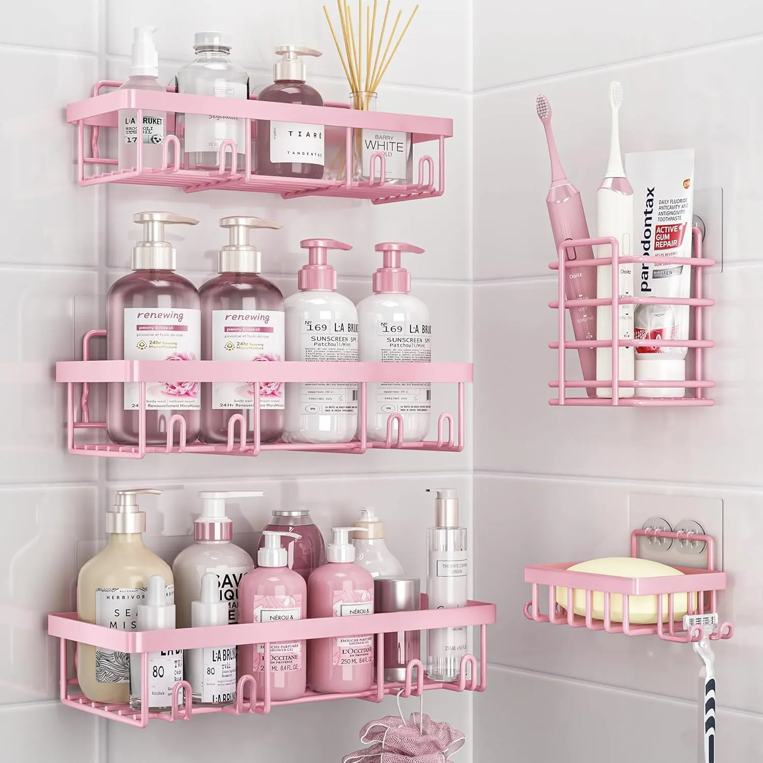 5-Pack Rustproof Stainless Steel Adhesive Shower Caddy Organizer Rack Shelf, Bathroom Wall Storage Basket for Shampoo, Girly Bathroom Decor Box Organizer Shower Accessories Set (Pink), Shelves