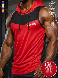 Men’s color-block hooded drawstring sleeveless tank top with breathable, structured fabric and a slim fit, featuring letter print. A cool everyday choice for summer wear—perfect for outdoor outings and ideal for fitness enthusiasts.