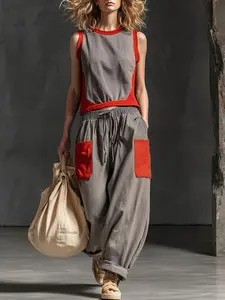 Women's Clothes Casual Colorblock Two-Piece Set, Sleeveless Tank Top Vest + Loose Long Pants, Summer Vacation Sporty, Vintage Linen Workwear Set