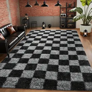 Washable Non-Slip 4x6ft Black Grey Checkered Rug, Fluffy Soft Modern Shag Carpet for Bedroom Living Room Nursery (Boys Girls) Home Aesthetic Decor