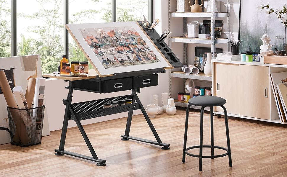 Yaheetech Drafting Table & Stool Set Height Adjustable Drawing Table Art Craft Desk with 2 Storage Drawers and Stool for Home Office