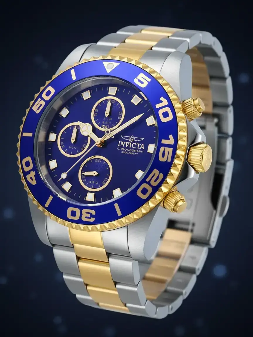 Invicta Pro Diver Men's Chronograph 43mm Watch Two Tone Stainless Steel Gold Accent Blue Sunray Dial Blue Coin Edge Bezel Japanese Quartz Movement Screw Down Crown Flame Fusion Crystal 200m Dive Water Resistant Classic Sport