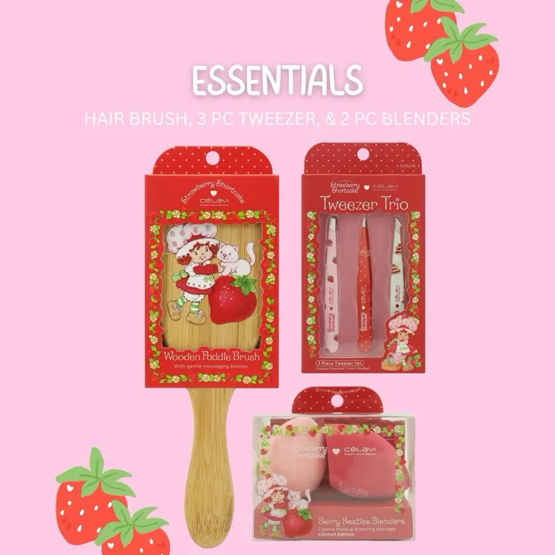 Strawberry Shortcake Essentials Set Hair Brush, 3 PC Tweezer, 2 PC Beauty Blender Beauty Essentials