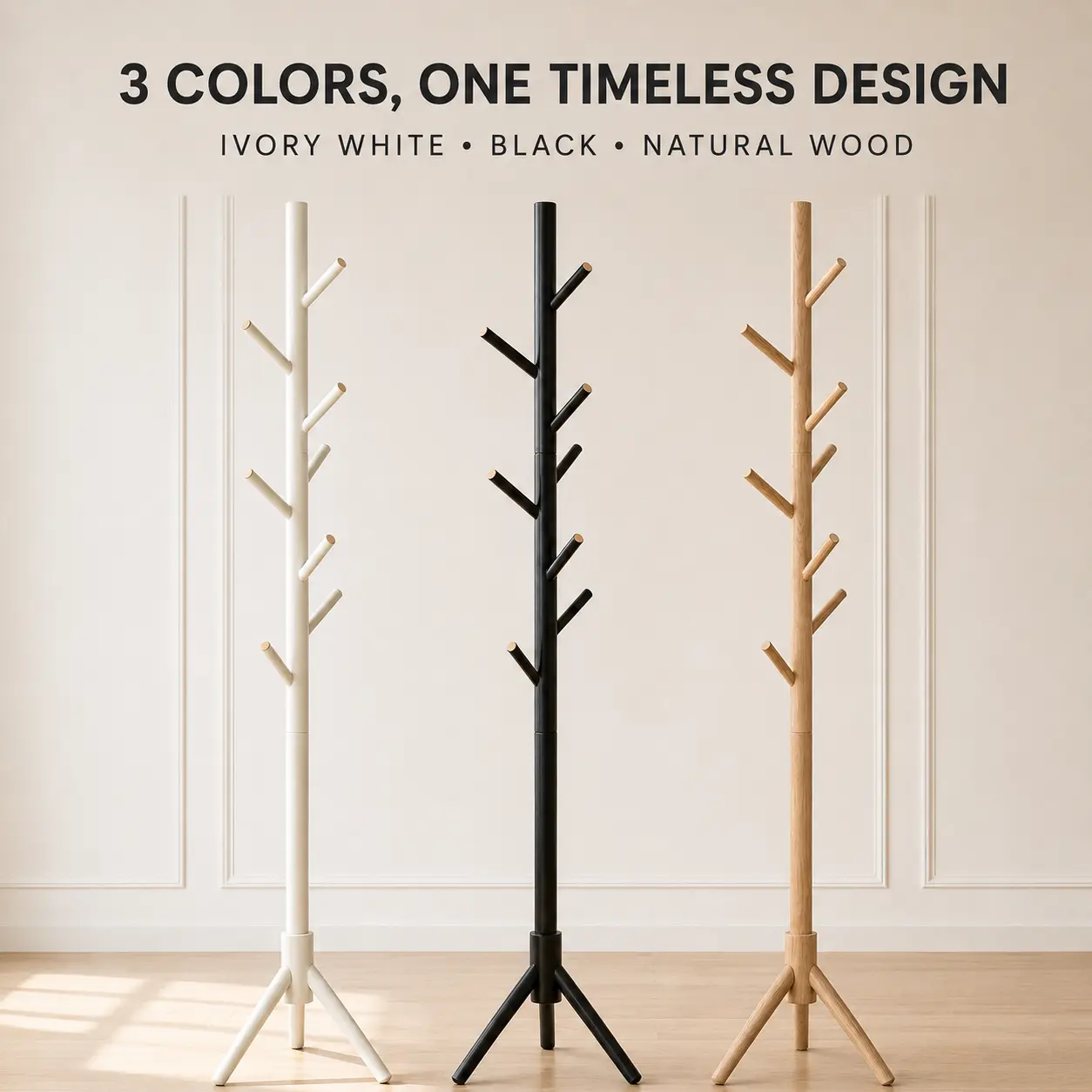 Solid Wood Coat Rack Stand with 8 Hooks, Freestanding Coat Tree for Coats, Hats, Handbags and Scarves