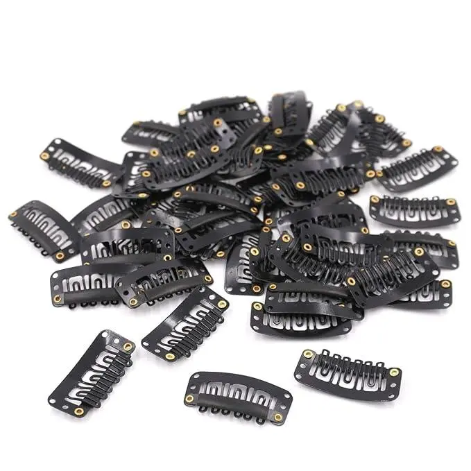 U-Shape Metal Wig Clips 5 Pack, 3.2cm Black Snap-In Grips with Non-Slip Silicone Backing for Hair Extensions and Hairpiece Caps