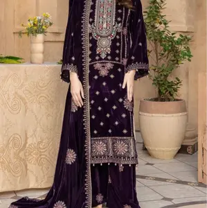 3pc stitched velvet suit with embroidery work for wedding and party wear outfit with velvet trouser and velvet shawl
