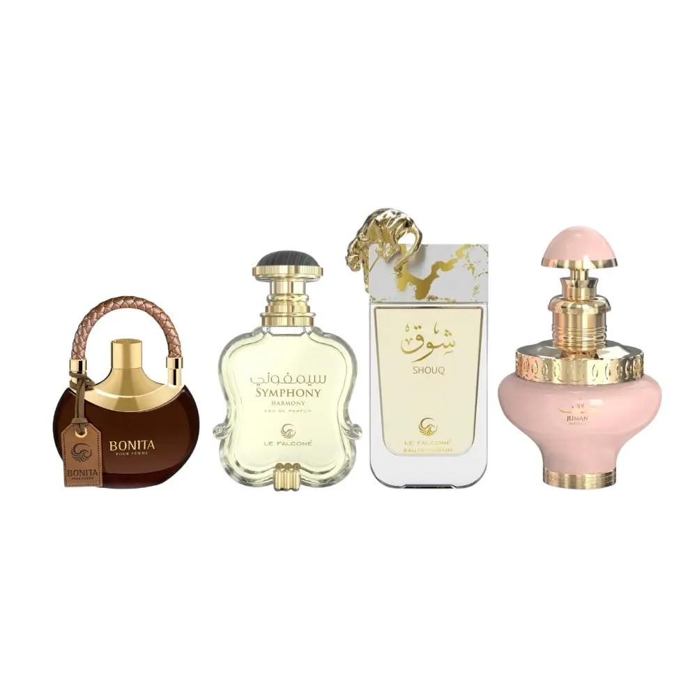 Le Falcone Bundle | Bonita Pour Femme + Juman Precious + Shouq + Symphony Harmony | Women's Fragrance | 100 ML - 3.4 OZ | Eau De Parfum | Blackcurrant - Raspberry & Rum