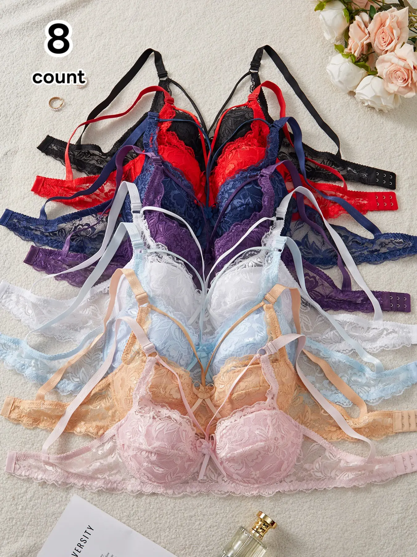 8-Pack Breathable Lace Fabric Underwire Bralette, Unlined Underwired Lace Bra, Sexy Elegant Lady Slim-Fitting Lightweight Medium Supportive Bra, All Seasons Comfort & Style, Gifts for her