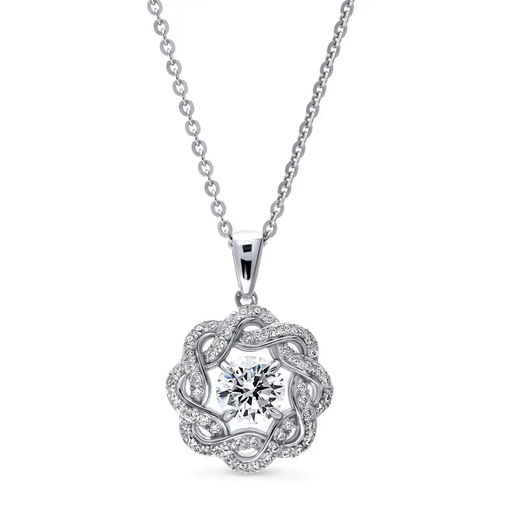 BERRICLE Sterling Silver Flower Woven Ribbon Wreath Pendant Necklace for Women, Cubic Zirconia CZ 18 inch