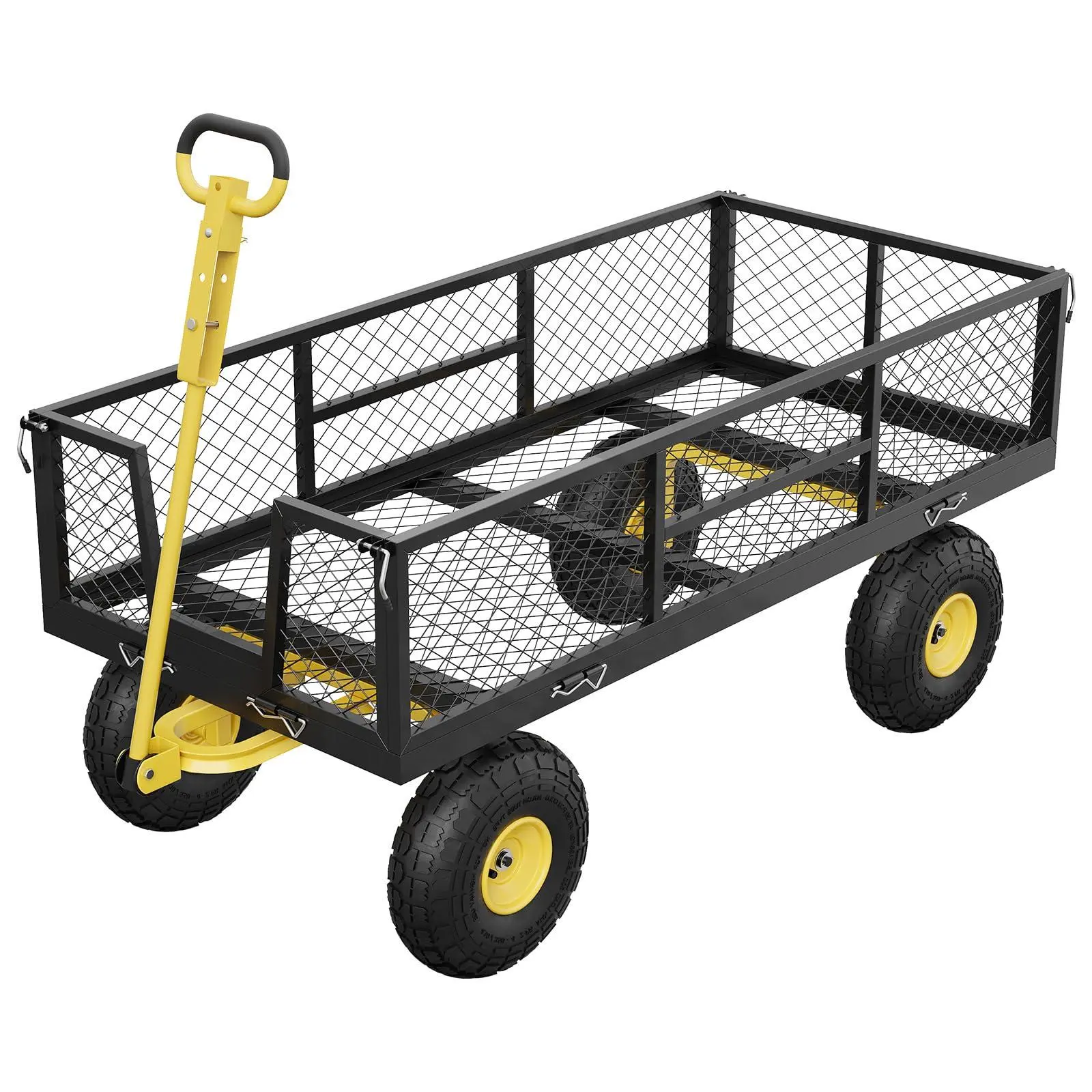 Heavy-Duty Steel Frame Garden Cart - Heavy Duty Wagon, 900 kg Capacity, 109 x 51 x 54 cm, Removable Sides, Ergonomic 2-in-1 Convertible Handle, 25 cm Pneumatic Wheels, Black Body, Yellow Handle & Wood Accents, for Lawn-Farm Use, Warehousing