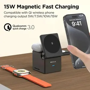 Qi2 3-in-1 Foldable Wireless Charger - 15W Fast Charging Station for iPhone 16/15/14/13/12, AirPods, Apple Watch, Adjustable Magnetic Bracket for Travel
