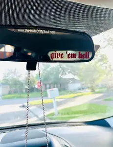 Give 'em hell, Car decals, rear view mirror decal, goth decals, goth car decal, goth car decor, trendy mirror decal, spooky car decal, hell
