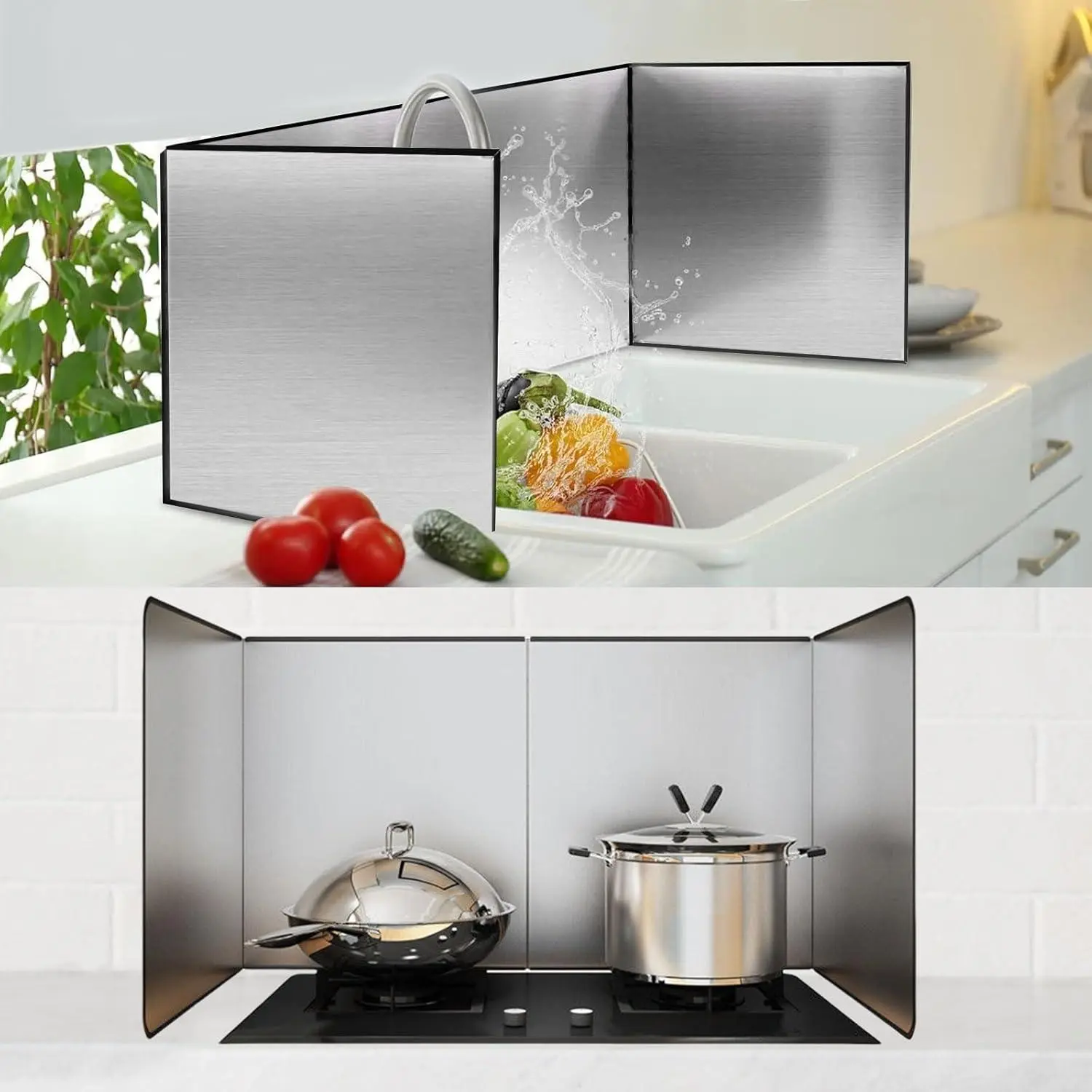 4 Sided Splatter Guard,Foldable Stainless Steel Oil Splatter Screens for Frying,Oil Splash Insulation Board,Nonstick Oil Splatter Guard Stove Insulation Board