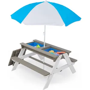 Wooden Kids Picnic Table, Sand and Water Table with Umbrella, Activity Table for Outdoor Backyard Patio Play