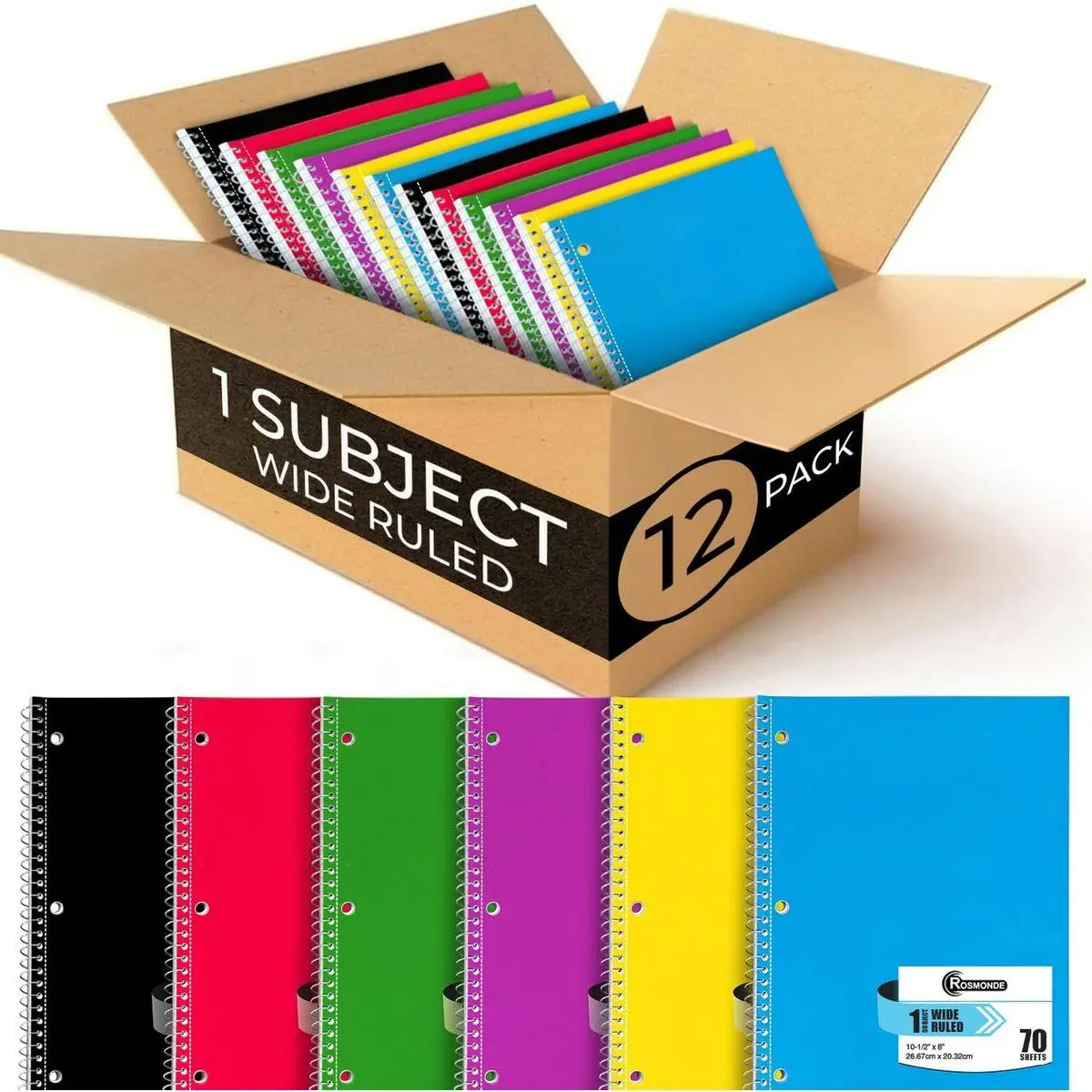 12 Pack Spiral Notebooks, 1 Subject Notebook, Wide Ruled, Assorted | Bulk Wide Ruled Notebooks For School, 70 Sheets (140 Pages), 8 x 10-1/2", 3 Hole Punched, Single Subject Spiral Notebook Bulk