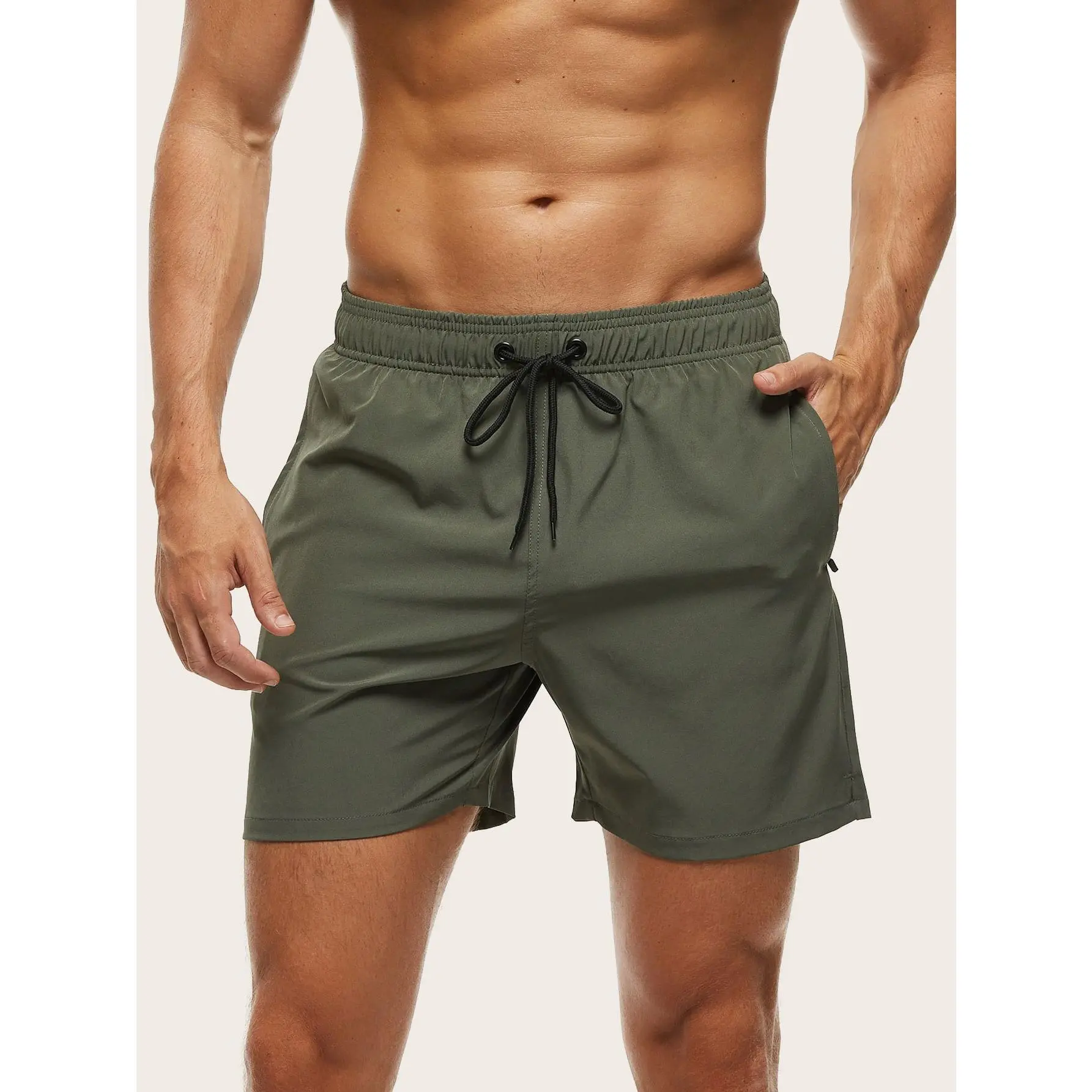 Men Pocket Drawstring Elastic Waist Swim Trunks, Suitable for Beachwear, Resort, Surfing