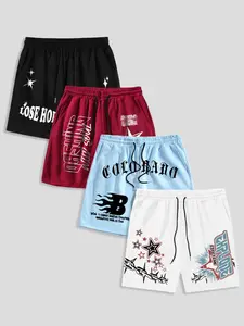 Men's Letter & Graphic Print Shorts, Casual Comfy Breathable Pocket Drawstring Waist Shorts for Daily Wear, Men's Bottoms for Summer, Breathable Printed Shorts