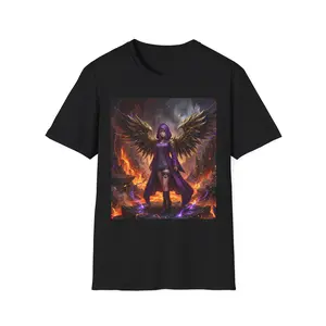 Dark Angel Woman Graphic T-Shirt | Fantasy Winged Warrior, Fire Background - Original Graphic Art created by seller