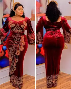 Elegant Burgundy Velvet Rhinestones Ruffled Maxi Dress - African Wedding Attire Birthday Party Photoshoot Formal Traditional Outfit Iro and Buba Dress Nigerian Wedding Guest Engagement Reception Ceremony Turkey Dresses for Women