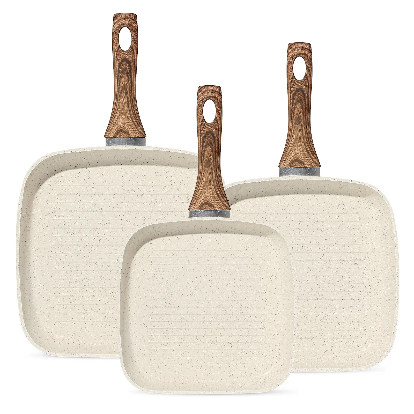 Beige 3 Piece Nonstick Grill Pan Set, Square Skillet Combo with Stay-Cool Handle & Easy Clean Design | #HomeKitchen #CookingEssentials#NonstickCookware