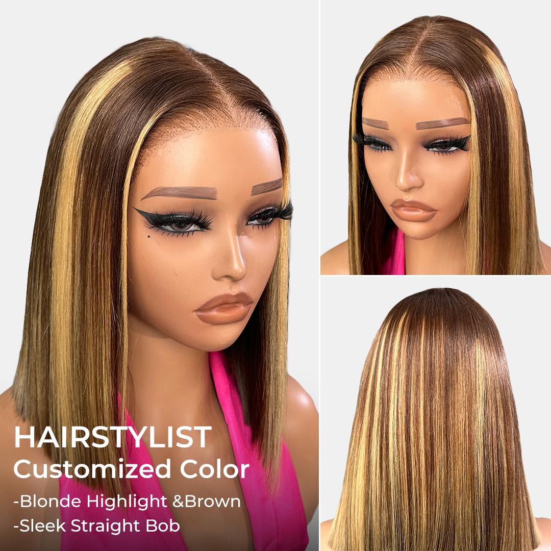 [Only 14'']Alipearl Hair Glueless Highlight Short Bob Wig Straight 7x4 Lace Closure Bob Wig Ready to Go Pre Cut Pre Plucked Human Hair TikTokShopBacktoSchool