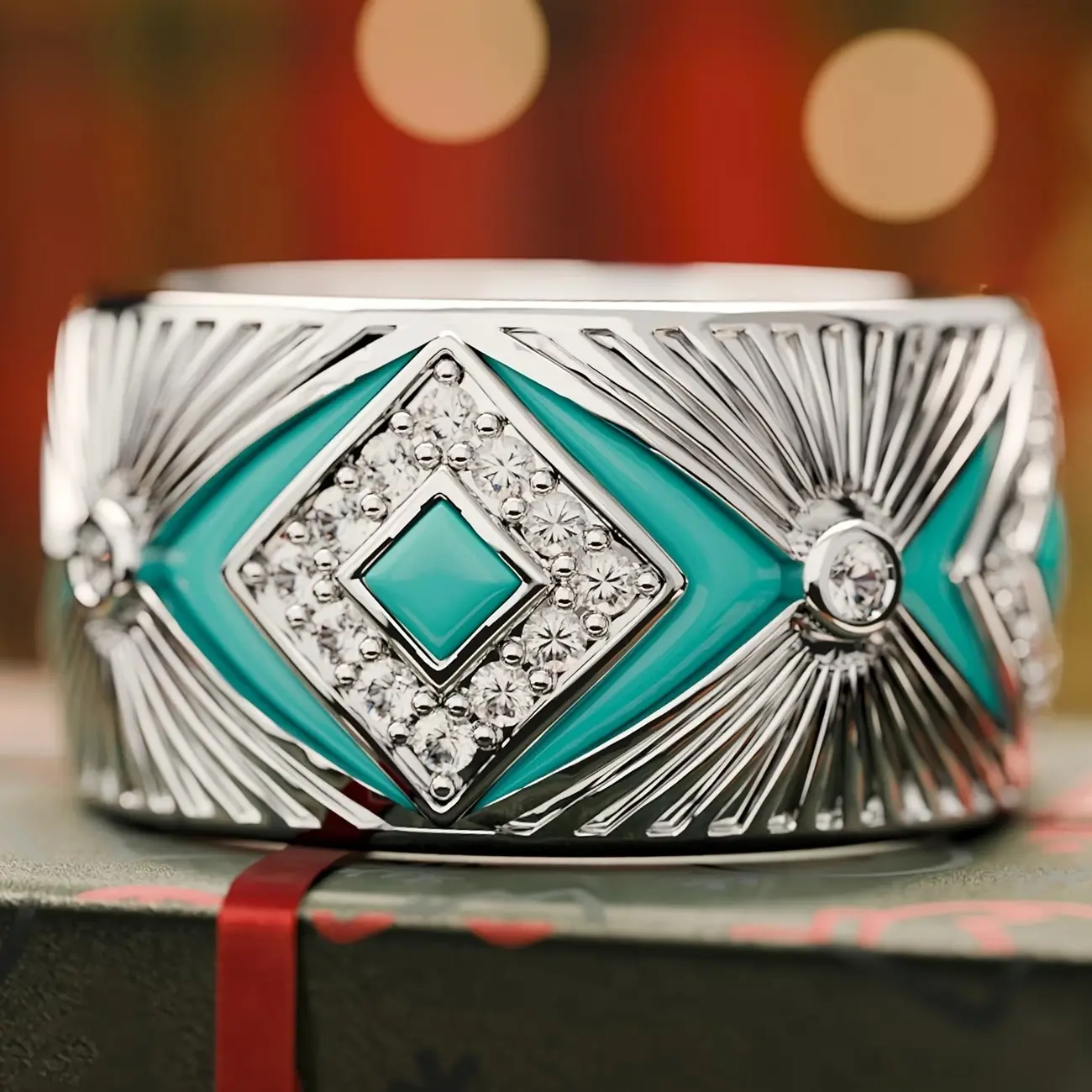 Exquisite cowboy legend ring, Western ring, synthetic zircon enamel Art Deco style silver ring, geometric wide band