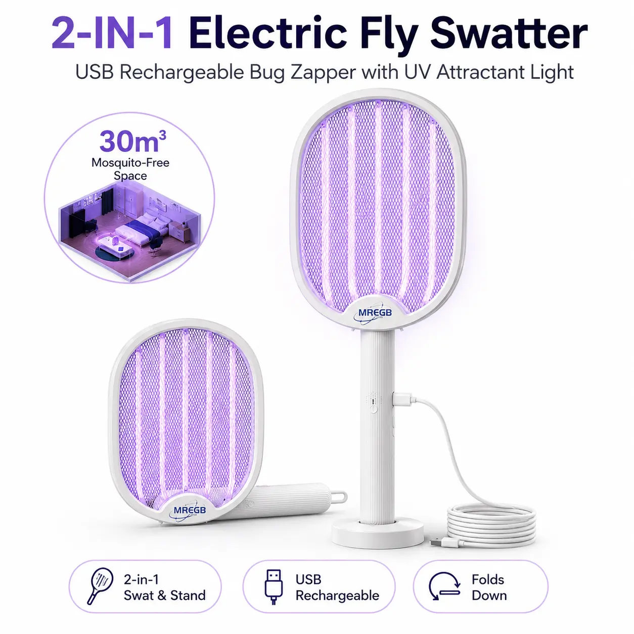MREGB Foldable Stainless Steel Electric Fly Swatter Racket - 2-in-1 USB Rechargeable Bug Zapper with UV Attraction Light, Stand Base, Auto Mode, 3-Layer Mesh, Portable Handheld Trap for Indoor/Outdoor Use, Folds Down