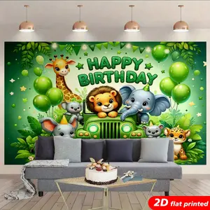 2D Flat Printed Jungle Animal Happy Birthday Tapestry Wall Hanging - Tropical Safari Lion Giraffe Elephant Design, Adventure-Themed Backdrop for Kids’ Room, Gift, Aesthetic Home Decor studio prop