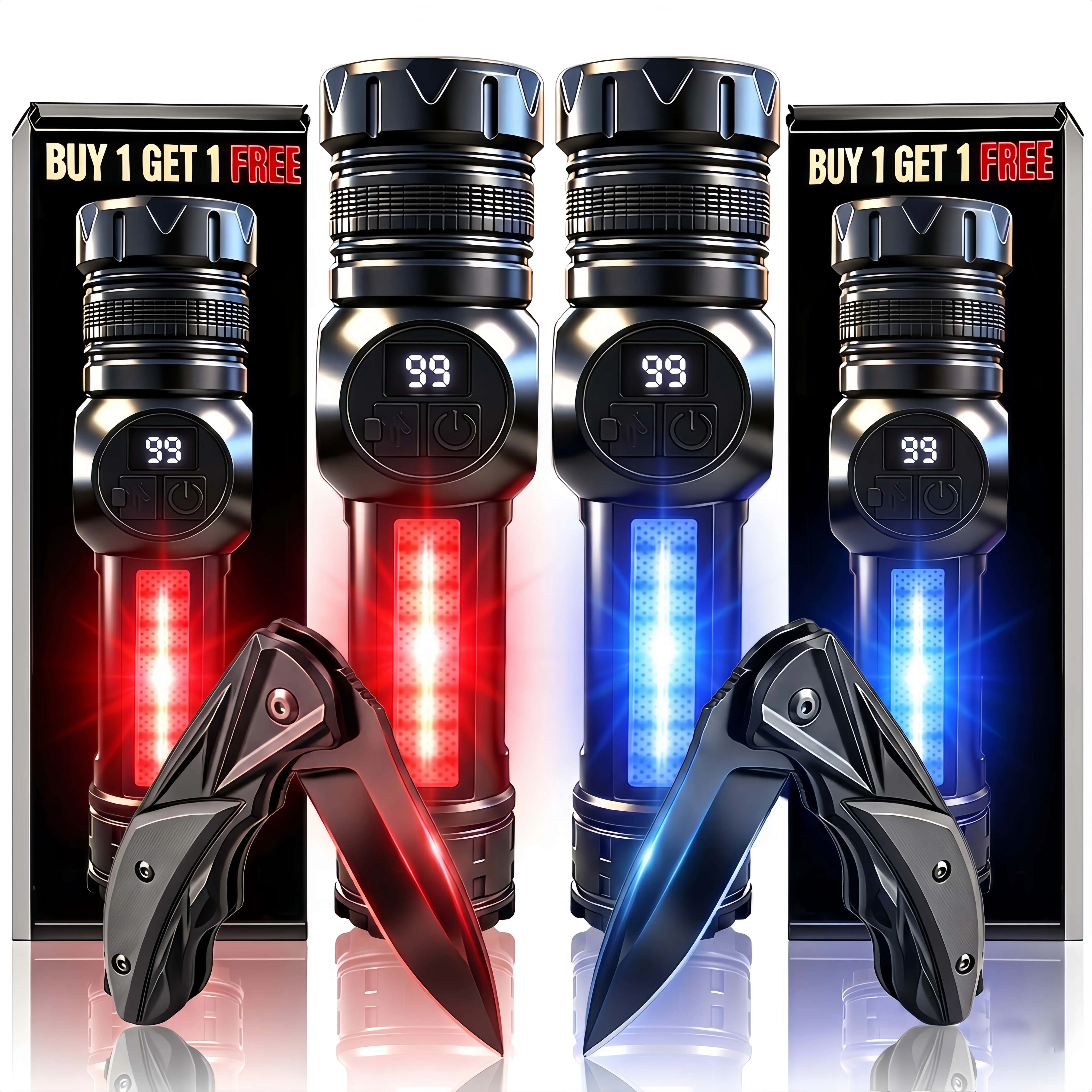 Tactical Gear EDC Flashlight Rechargeable Flash Light Super Bright Light for Outside Stainless Steel Folding Knife Tactical Flashlight with Retractable Red Blue Warning Lights Magnetic Base Side Light Digital Display for Camping Emergencies 2/4pcs