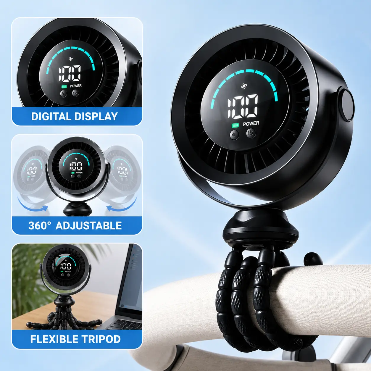 Qawtor 2026 Upgraded Portable Fan with LED Display, Flexible Tripod, 360° Adjustable USB Rechargeable Clip Design for Desk, Travel, Car Use Office Fan Multifunctional Cooling Fan backtoschool