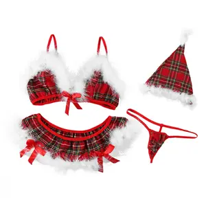 Women Sexy Lingerie Christmas Bra and Short Skirt with G-string Babydoll Nightwear Dress with Hat