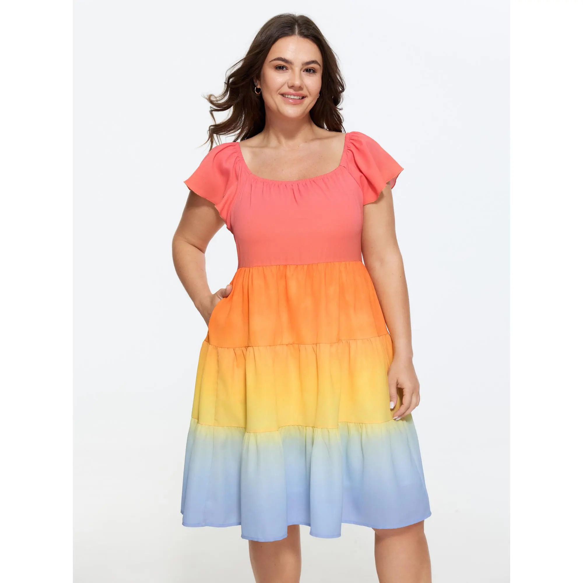 BloomChic Women's Plus Size Casual Playful Ombre Polyester Tiered Midi Dress with Flutter Sleeves and Pockets, Lady, Fabric, Multicolor