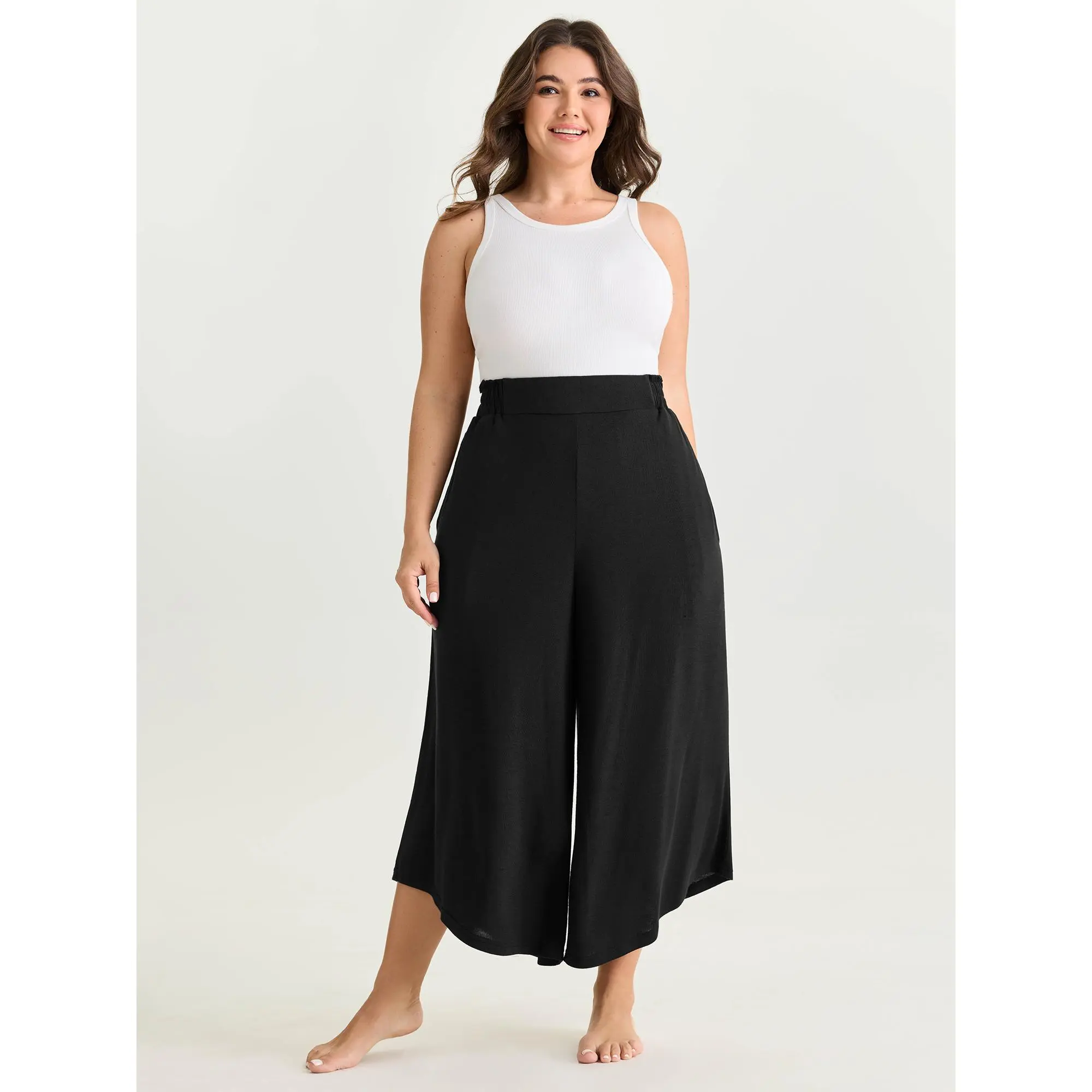 BloomChic Plus Size Stretch Capri Pants, Comfy Straight-Fit Toothpick Pleat Leisure Trousers with Pull-On Waist and Pockets, Sleeve, Fabric, Women, Garment, Spandex, Effortless Pants, Comfy Pants