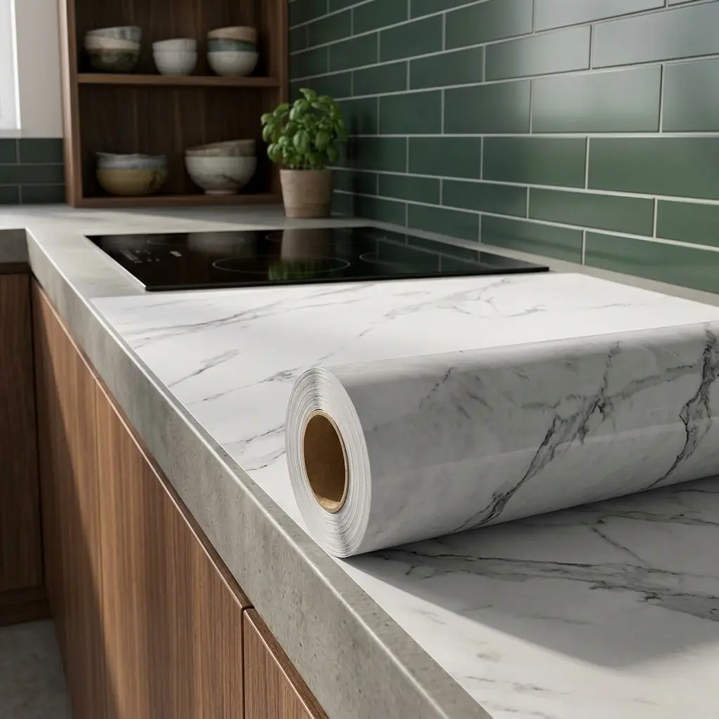 Glossy Marble Paper Granite Gray/White Wallpaper Peel and Stick 11.8"x78.7" Waterproof Self Adhesive Removable for Kitchen Countertop Furniture Viny Film