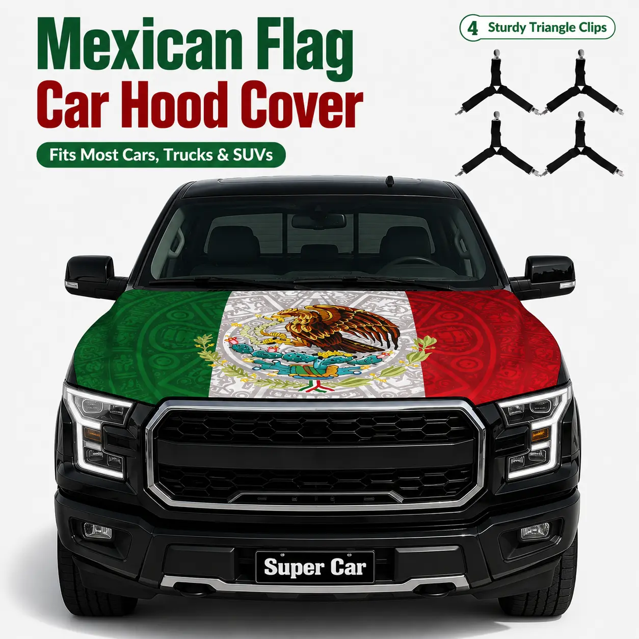 Mexican Flag Car Hood Cover with Aztec Pattern, Patriotic Auto Decoration, Universal Fit for Most Cars, Trucks & SUVs, Great for Holidays, Parties, Celebrations & Gifting