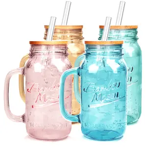 Colorful Mason Jar Drinking Set with Handle- 4 Vibrant Glass Cups with Lids and Straws, Perfect for Iced Coffee, Smoothies,Refreshing Beverages,Fall Halloween
