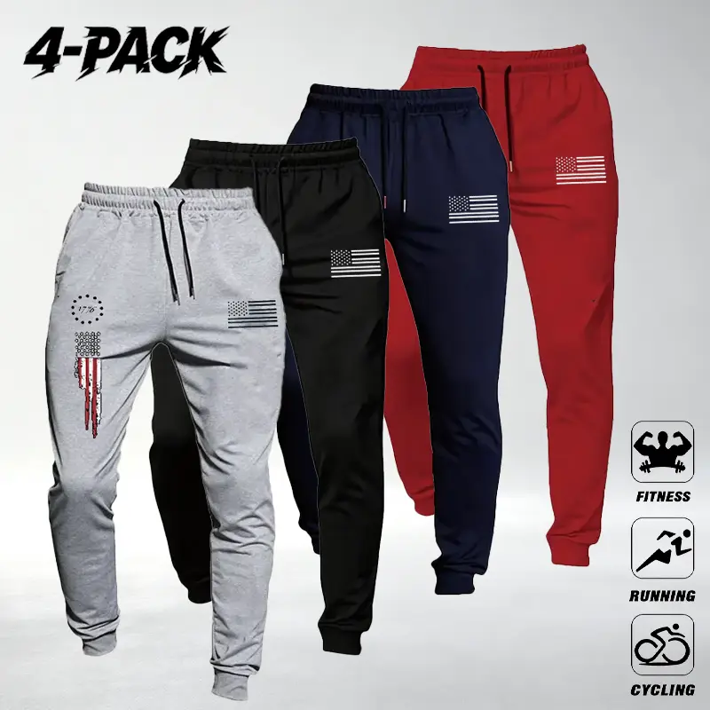 Distressed Flag Print Fleece Joggers Unisex Multi-Size Sweatpants with Elastic Waistband, Side Pockets, and Tapered Ribbed Cuffs for Casual Workouts and Running